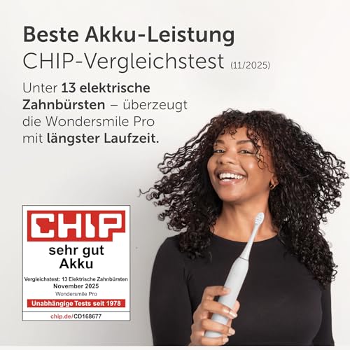 WonderSmile Schallzahnbürste Pro - Testsieger 2026* - Elektrische Zahnbürste IPX8, 4 Programme - TÜV SÜD-geprüft - mit Ladestation & 60 Tage Power Batterie mit Smart-Bürstenkopf (Ultimate Black)