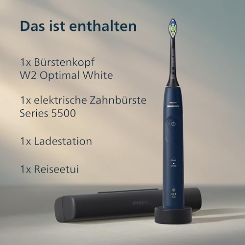 Philips Sonicare 5500 elektrische Zahnbürste, Schallzahnbürste mit 2 Putzmodi, Andruckkontrolle, EasyStart, SmarTimer und BrushPacer, Navy, Modell HX7113/01 [Neue Technologie]