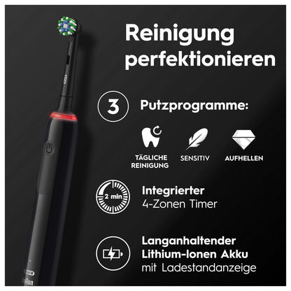 Oral-B Pro Series 3 Elektrische Zahnbürste — Electric Toothbrush, Inkl. 3 Aufsteckbürsten — 3 Putzmodi, Zahnbürste Elektrisch, Designed by Braun, Schwarz