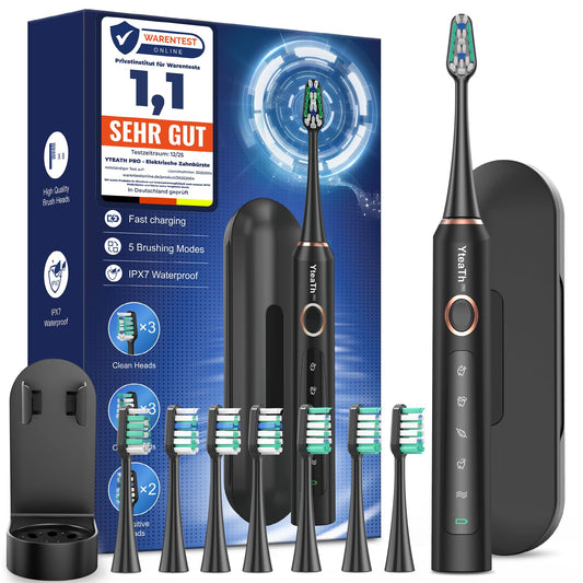 Elektrische Zahnbürste für Erwachsene und Kinder - Schallzahnbürste, Electric Toothbrush mit 8 Bürstenköpfen (3 Typen), 90 Tagen Akkulaufzeit, 5-Modi, 50000VPM, Reiseetui, Timer