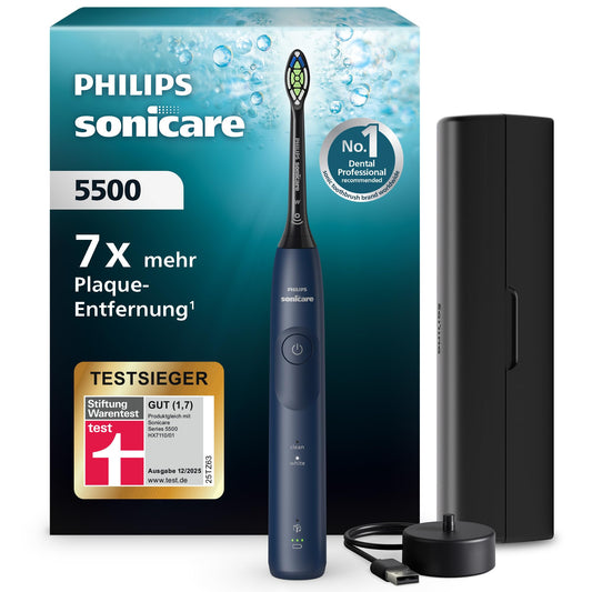 Philips Sonicare 5500 elektrische Zahnbürste, Schallzahnbürste mit 2 Putzmodi, Andruckkontrolle, EasyStart, SmarTimer und BrushPacer, Navy, Modell HX7113/01 [Neue Technologie]