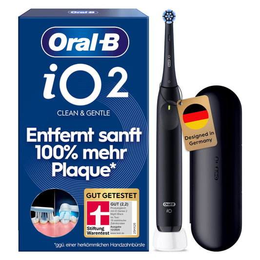 Oral-B iO Series 2 Elektrische Zahnbürste — Electric Toothbrush, Inkl. 1 Aufsteckbürste, Reise-Etui — 3 Putzmodi für Zahnpflege, GUT GETESTET (2,2) von STIFTUNG WARENTEST, Designed by Braun, Schwarz