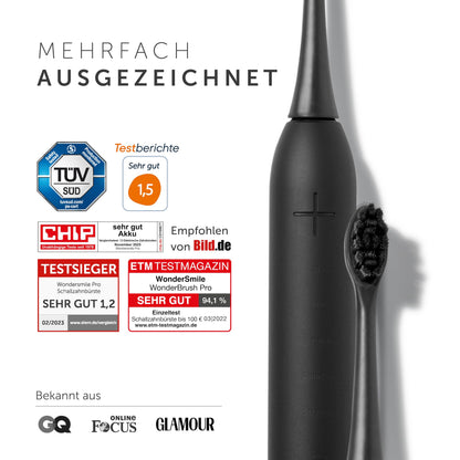 WonderSmile Schallzahnbürste Pro - Testsieger 2026* - Elektrische Zahnbürste IPX8, 4 Programme - TÜV SÜD-geprüft - mit Ladestation & 60 Tage Power Batterie mit Smart-Bürstenkopf (Ultimate Black)